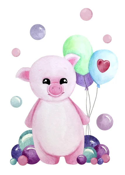 Ilustracja akwarela z różowym świnia z balonami i bąbelkami. Drukuj dla kart okolicznościowych, zaproszeń, tekstyliów i plakatów dla dzieci. — Zdjęcie stockowe