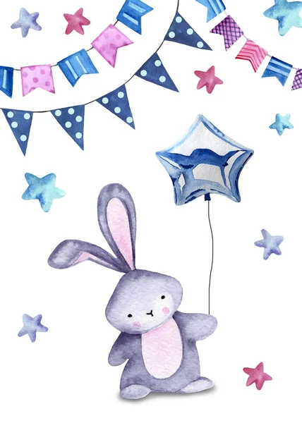 Ilustração aquarela com coelho bonito, balão, estrelas e guirlandas no fundo branco. Impressão para cartões de felicitações, convites, têxteis infantis e cartazes . — Fotografia de Stock