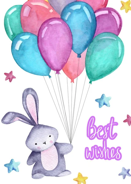 Akwarela ilustracja z cute Bunny, balony, gwiazdy na białym tle. Najlepsze życzenia napis. Drukuj dla kart okolicznościowych, zaproszeń, tekstyliów i plakatów dla dzieci. — Zdjęcie stockowe