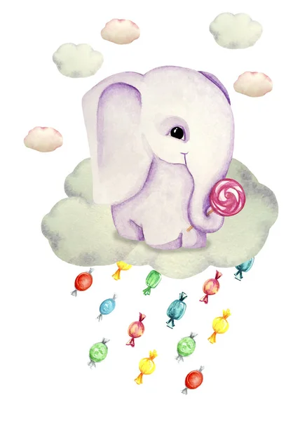 Akvarel, ilustrace hezkího slona na oblaku. Dešťový déšť. Tisk pro přání, pozvánky, Dětské textilie a plakáty. — Stock fotografie