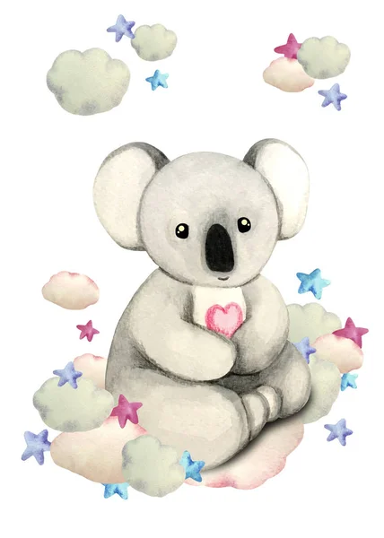 Akwarela ilustracja cute Coala na chmurę otoczoną gwiazdami. Drukuj dla kart okolicznościowych, zaproszeń, tekstyliów i plakatów dla dzieci. — Zdjęcie stockowe
