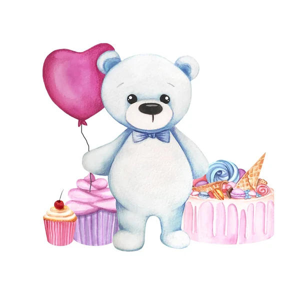 Ilustracja akwarela z niebieskim cute niedźwiedzia, słodycze, ciasto i różowy balon. Drukuj dla kart okolicznościowych, zaproszeń, tekstyliów i plakatów dla dzieci. — Zdjęcie stockowe