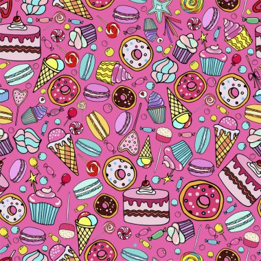 Şeker, dondurma, şeker, donut, cupcake, macaroons ve diğer tatlılar ile Sevimli sorunsuz desen. Tekstil, afiş, etiket ve el ilanı için baskı