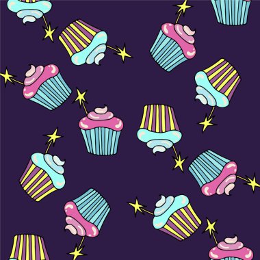 Cupcake ile sevimli sorunsuz desen. Doodle tarzında elle çizilmiş vektör tatlılar. Tekstil, afiş, etiket ve el ilanı için baskı