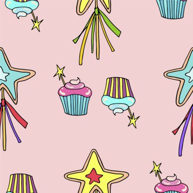 Cupcake ile sevimli sorunsuz desen. Doodle tarzında elle çizilmiş vektör tatlılar. Tekstil, afiş, etiket ve el ilanı için baskı