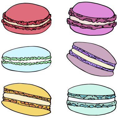 Doodle tarzında macaroons Vektör kümesi. Çıkartmalar, afişler, etiket ve baskılar için tatlılar