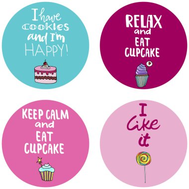 Şeker, dondurma, kekler, çörekler, cupcake, macaroons ve diğer tatlılar ile bir arka plan üzerinde Yazı tırnak. Tekstil, afiş, etiket ve el ilanı için baskı