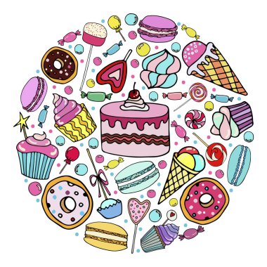 Vektör şeker seti, dondurma, şeker, donut, cupcake, macaroons ve kartpostal ve el ilanları veya logo kullanılabilir bir daire içinde diğer tatlılar. Doodle tarzında elle çizilmiş illüstrasyon