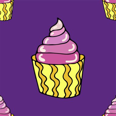 Cupcake ile sevimli sorunsuz desen. Doodle tarzında elle çizilmiş vektör tatlılar. Tekstil, afiş, etiket ve el ilanı için baskı