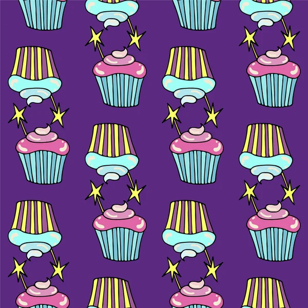 Lindo patrón sin costuras con cupcake. Dulces vectoriales dibujados a mano en estilo garabato. Impresión para textiles, pancartas, etiquetas y folletos — Vector de stock