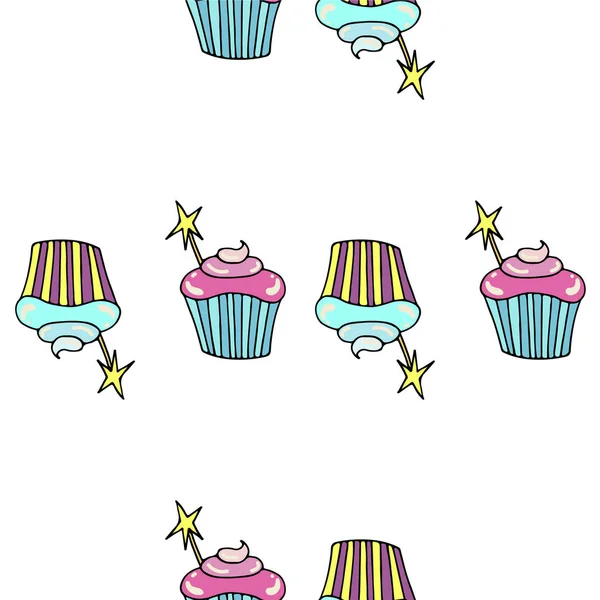 Leuke naadloze patroon met cupcake. Hand getekende vector snoep in doodle stijl. Afdrukken voor textiel, banners, label en flyer — Stockvector