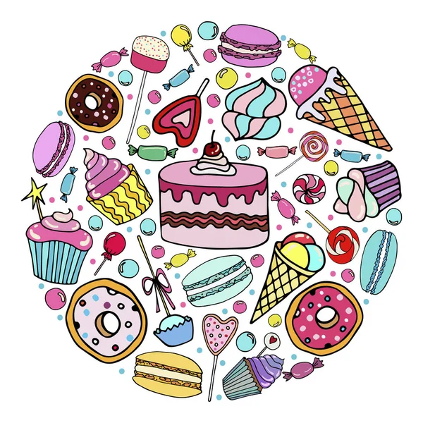 Vektör şeker seti, dondurma, şeker, donut, cupcake, macaroons ve kartpostal ve el ilanları veya logo kullanılabilir bir daire içinde diğer tatlılar. Doodle tarzında elle çizilmiş illüstrasyon