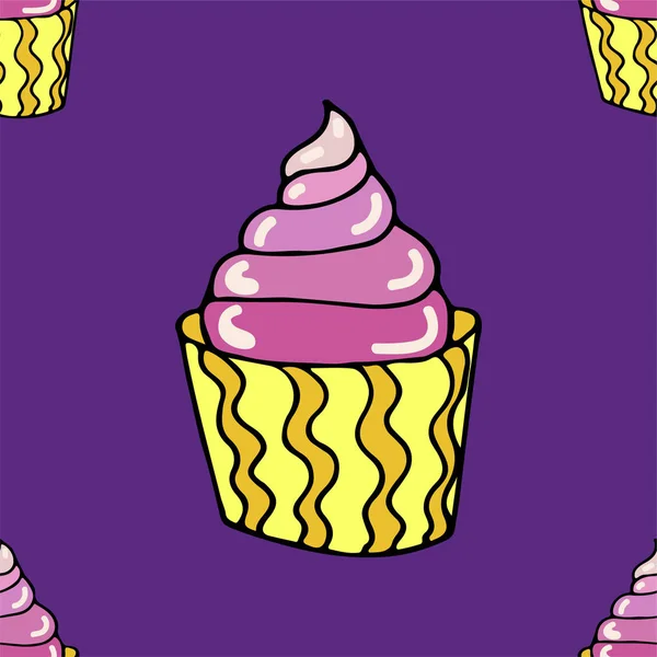 Cupcake ile sevimli sorunsuz desen. Doodle tarzında elle çizilmiş vektör tatlılar. Tekstil, afiş, etiket ve el ilanı için baskı