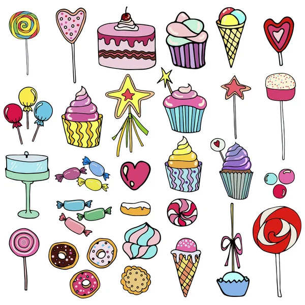 Vektör şeker, dondurma, şeker, donut, cupcake, macaroons ve diğer tatlılar seti. Çıkartmalar, afişler ve kapaklar için.