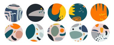 Instagram için çeşitli soyut özet kapak hikayeleri. Sosyal medya için yuvarlak simgeler. Noktaların, çizgilerin, desenlerin, noktaların, geometrik şekillerin ve nesnelerin el çizimleri.