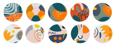 Instagram için çeşitli soyut özet kapak hikayeleri. Sosyal medya için yuvarlak simgeler. Noktaların, çizgilerin, desenlerin, noktaların, geometrik şekillerin ve nesnelerin el çizimleri.