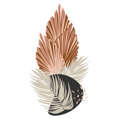 Vektör soyut şekilleri ve el çizimi tropikal yapraklar. Modern minimalist sanat, doğrusal sanat unsurları, şık moda renkleri. Tekstil tasarımı, tişörtler için baskı, kartvizitler, ruh hali tahtaları ve takvimler