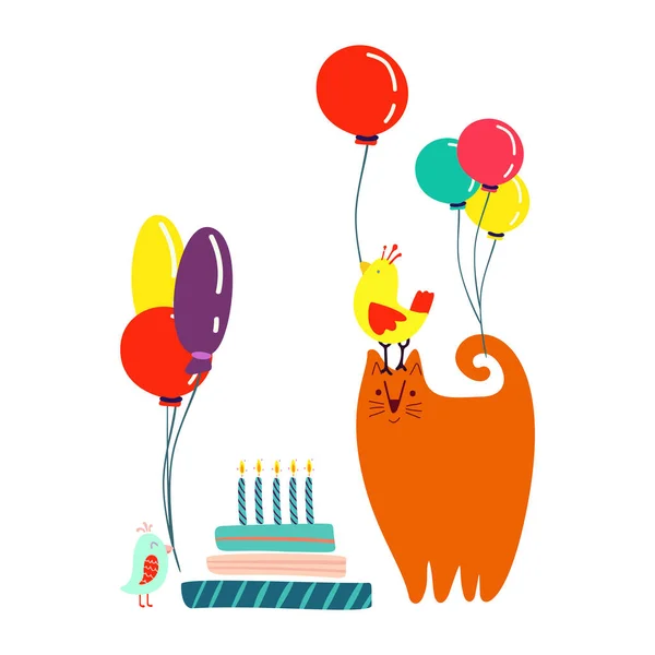 Funny Cute Vector Illustration Red Cat Birds Stands Huge Cake — Stock Vector