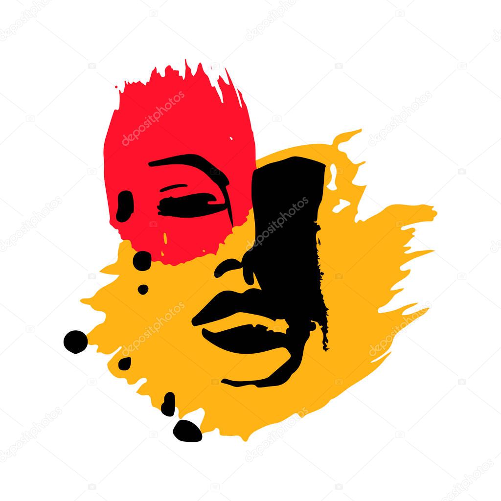 Print for t-shirt or poster. Vector illustration. abstracton Hand drawing a female face, brush strokes and paint splashes. Bright summer print. Vector 10 EPS