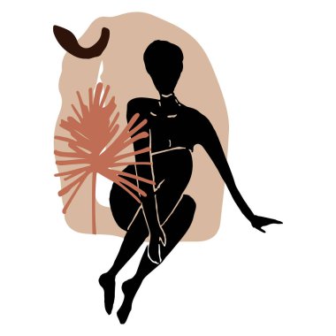 Bohem tarzı tasarım. Soyut kadınsı siluet ve boho dekor elementleri. Çağdaş sanat baskısı. Tişörtler, posterler, etiketler, medya ve sosyal medya kapakları için tasarım. Vektör illüstrasyonu