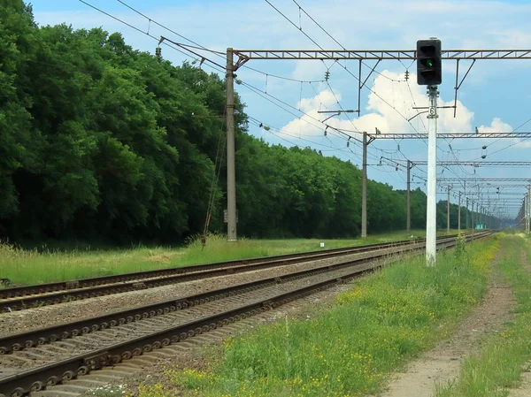 Tráfego Ferroviário Sinal Verde Caminho Claro — Fotografia de Stock