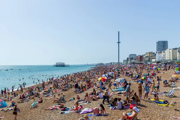 İngiltere 29 Haziran 2019 Brighton plajı, Brighton ve Hove, Doğu Sussex, İngiltere. Binlerce insan güneşin üzerinde rahatlıyor.