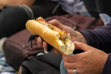 Eller bir fast food snack tutarak - sokak gıda festivalinde hardal ile geleneksel hotdog