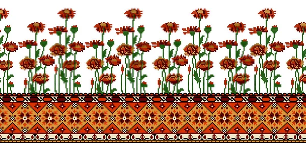 Flores Ponto Cruz Com Fronteira Étnica Geométrica — Fotografia de Stock