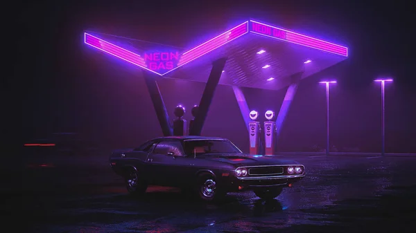 3D illustration of retro car and gas station