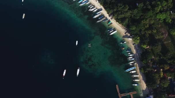 Vue aérienne par drone des bateaux ancrés dans la baie avec de l'eau claire et turquoise . — Video