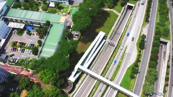 Dálnice s provozem v Megapoli, odhaluje složitou frekventovanou křižovatku a zelená pole. — Stock video
