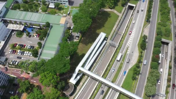 Autobahn mit Verkehr in Megapolis, zeigt komplizierte vielbefahrene Kreuzung Straßenkreuzung und grüne Felder. — Stockvideo