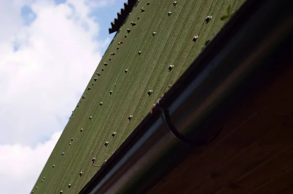 Fragment Roof Wooden House Gutter — Stock Photo, Image