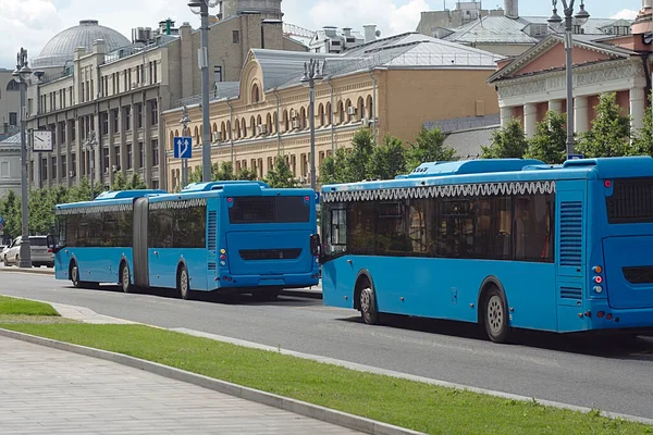 Zwei Blaue Busse Auf Einer Stadtstraße — Stockfoto