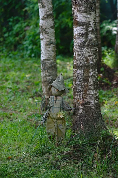figure of a little man next to birch trees