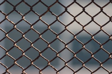 Balkon parmaklıklarında paslı tel örgü var.