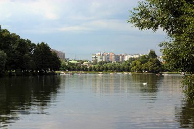 Büyük bir şehir parkındaki su manzarası
