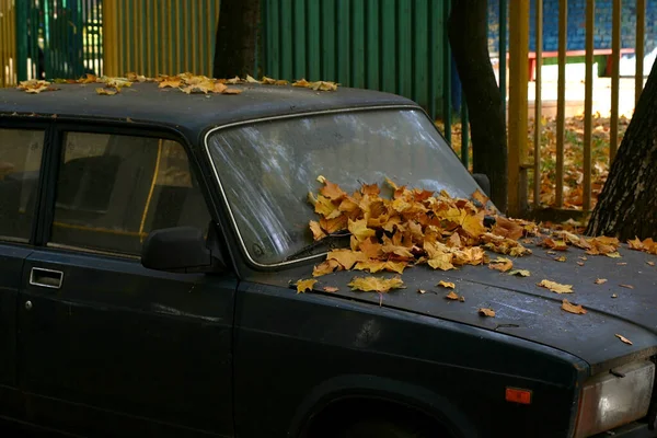 Oude Auto Bedekt Met Herfstbladeren — Stockfoto