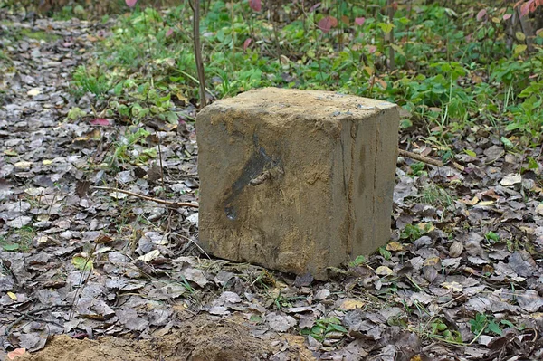 Cubo Concreto Com Vergalhões Escavado Fora Solo — Fotografia de Stock