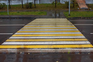 Yağmurdan ıslanmış bir yaya geçidi.