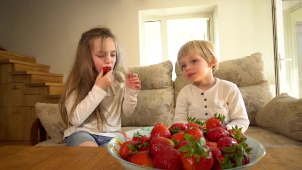 Niños dulces hermano y hermana comen fresas frescas maduras. Disparo de mano — Vídeo de stock