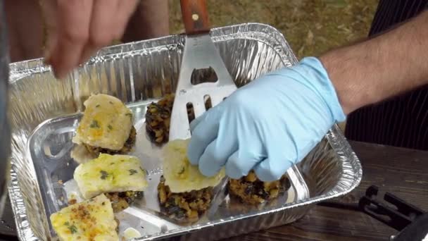 Mettre à la main des épices sur les champignons hachés et le poisson. Plan au ralenti — Video