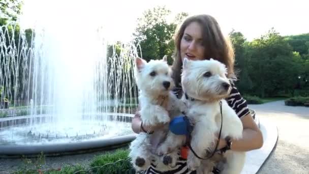 Ευτυχισμένη γυναίκα με τα κατοικίδια σκυλιά της στα χέρια κοντά στο σιντριβάνι στο πάρκο. Φορητή βολή — Αρχείο Βίντεο