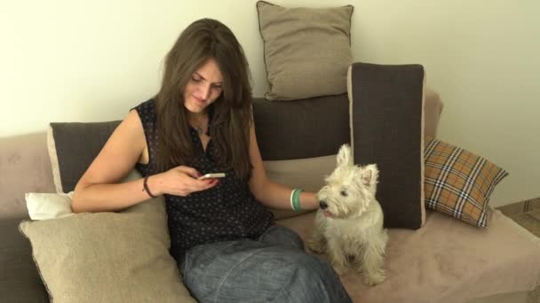 Woman stroking her dog pet while using smartphone sitting on sofa. Handheld — ストック動画