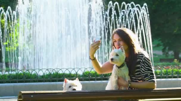 Chica y dos perros lindos posan para selfie cerca de fuente del parque. Mejores amigos juntos — Vídeos de Stock