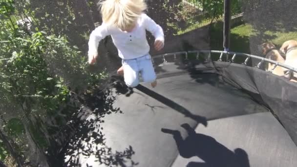 Il ragazzo biondo salta sul trampolino. Bambino di tre anni si diverta. Rallentatore — Video Stock