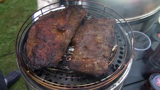 Barbacoa asar la carne en la parrilla que se cocina. Fumar subiendo. Cámara lenta de mano — Vídeos de Stock