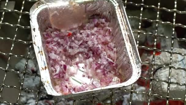 Cebolas fatiadas assar em prato de papel alumínio no calor da grelha — Vídeo de Stock