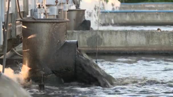 L'eau sale jaillit des tuyaux de l'usine de traitement de l'eau. Plan statique — Video