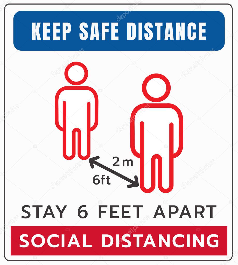 Keep Your Distance sign. Stop Wait Here Floor Sticker. Social Distancing Warning Sticker. Vector Text Illustration Background.